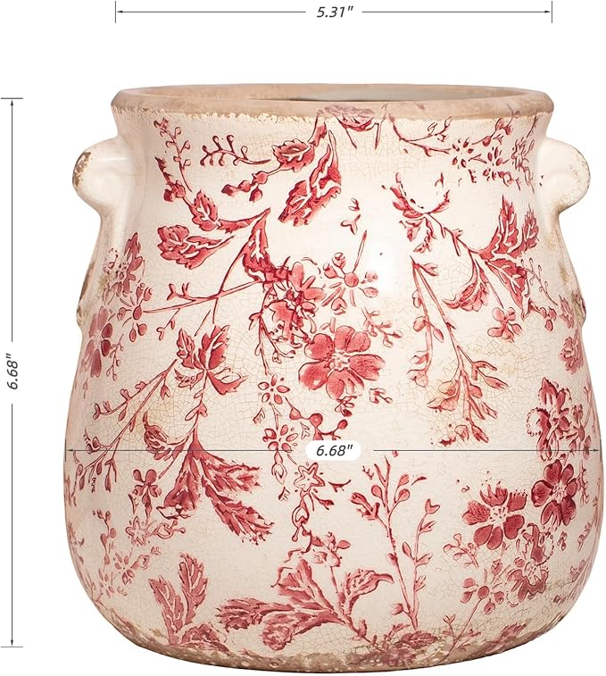 Antique Ceramic Planter & Vase for Home Decor, 6.68 Inch Rustic Farmhouse Flower Pot with Drainage Hole for Indoor Plants, Vintage Decoration for Bookshelf & Tabletop, Unique Gifts for Women (Red) XiaanJiaju