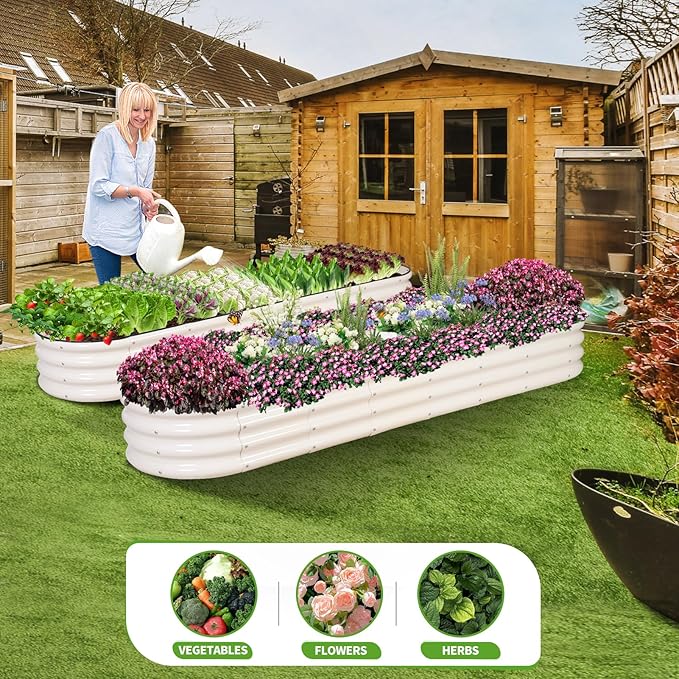 Galvanized Raised Garden Bed - 8x2x1FT Metal Planter Boxes Outdoor | Oval Steel Raised Bed Kit for Gardening with Protective Tape, Bracing Rods, Gloves for Vegetables, Flower, Herb (White) Permade