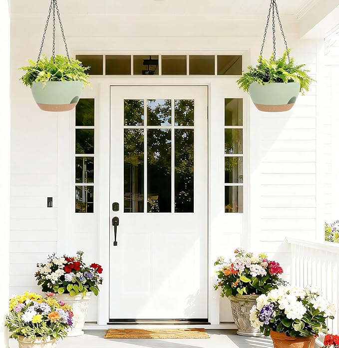 8 Inch Hanging Planters for Indoor Outdoor Plants, 4 Pack Green Brown Plastic Self Watering Hanging Baskets with Drainage Holes and Chain for Garden Porch SQKH