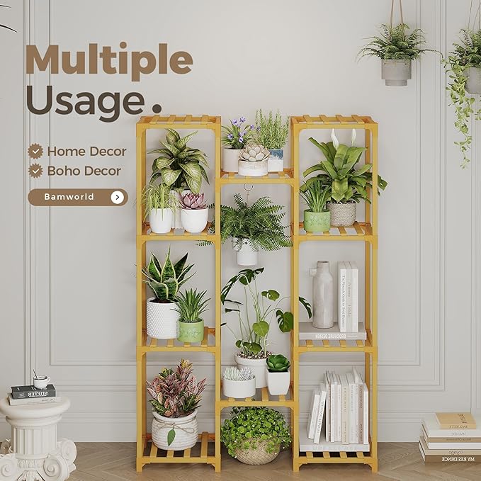 Bamworld Bamboo Plant Stand Indoor Hanging Plants Shelf for Multiple Plants Pots, Tall Large Flower Holder for Living Room, Patio, Balcony, Garden Nature Color Bamworld