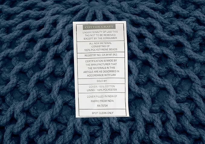 COTTON CRAFT - Hand Knitted Cable Style Dori Pouf - Blue - Floor Ottoman - Cotton Braid Cord - Handmade & Hand Stitched - Truly one of a Kind Seating - 20 Dia x 14 High COTTONCRAFT