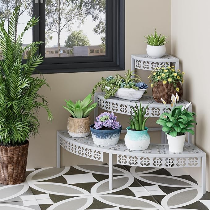 3 Tier Plant Stand Semi-Circular Flower Pot Organizer Rack Quarter Round Plant Display Holder Outdoor Storage Shelves Metal Corner Shelf Planter Shelving Ladder Plant Stand for Indoor Use(White) Garden4you