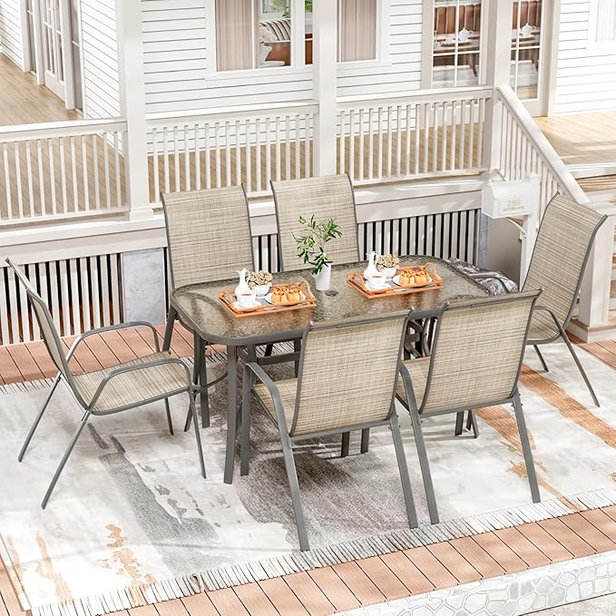 TLSUNNY 7 Pieces Patio Dining Set, Outdoor Table and Chairs W/1.69″ Umbrella Hole, 30"X 55" Table and Stackable Textilene Chair, All Weather Patio Furniture Set (Umbrella not Included) (Brown) TLSUNNY