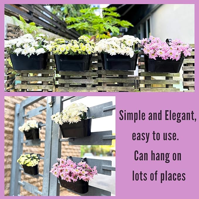 LaLaGreen Rail Planter Outdoor Plants(11.8 Inch, 12 Pack) Black Metal Iron Hanging Flower Pots Deck Railings Fence Buckets Modern Countryside Boho Style Wall Mount Window Box Plant Holder Porch Decor L%C3%A1L%C3%A1Green