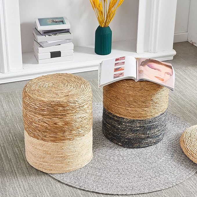 Wimarsbon Ottoman Poufs, 100% Natural Seagrass Pouffe, Hand Weave Round Footstool with Wood Frame, Sitting Braided Footrest, Home Boho Decorative Seat, Accent Chair for Living Room, Bedroom Wimarsbon