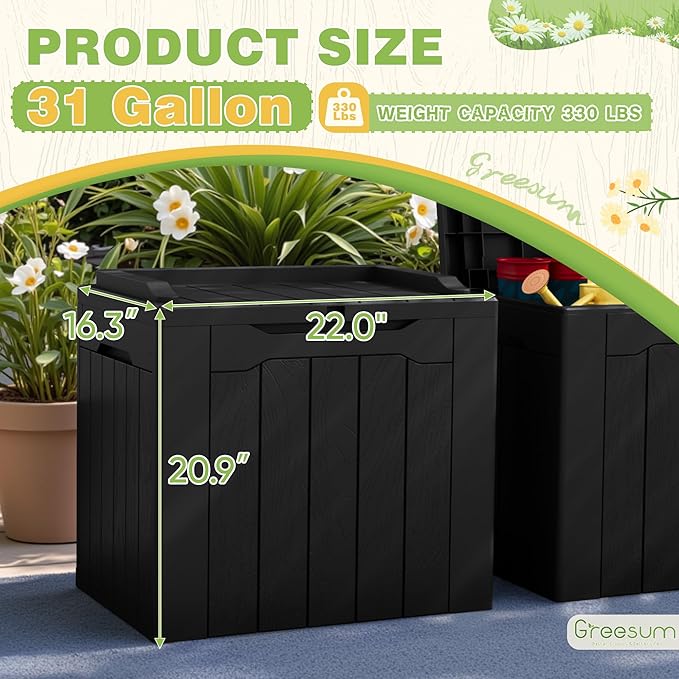 Greesum 31 Gallon Deck Box for Outside, All Weather Outdoor Storage Boxes for Patio Furniture Set, Package Delivery Box, Garden Tools, Black(Set of 2) BuynowfromGreesum