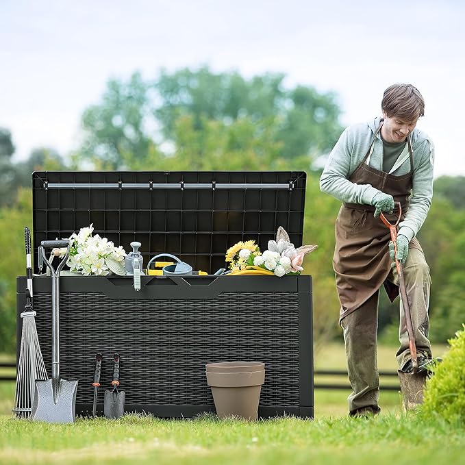 Flamaker Outdoor Storage Box 100 Gallon Waterproof Resin Deck Box Delivery Box with Air Rod Indoor Outdoor Lockable Storage Bench for Patio Cushions, Tools, Pool Accessories (Black) Flamaker