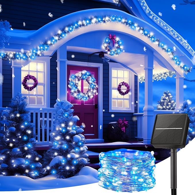 Minetom Solar String Lights for Outside, 33Ft 100 LED Outdoor Solar Fairy Lights, 8 Modes Balcony Lights for Tree Patio Christmas Party Decor (Blue and White) Minetom