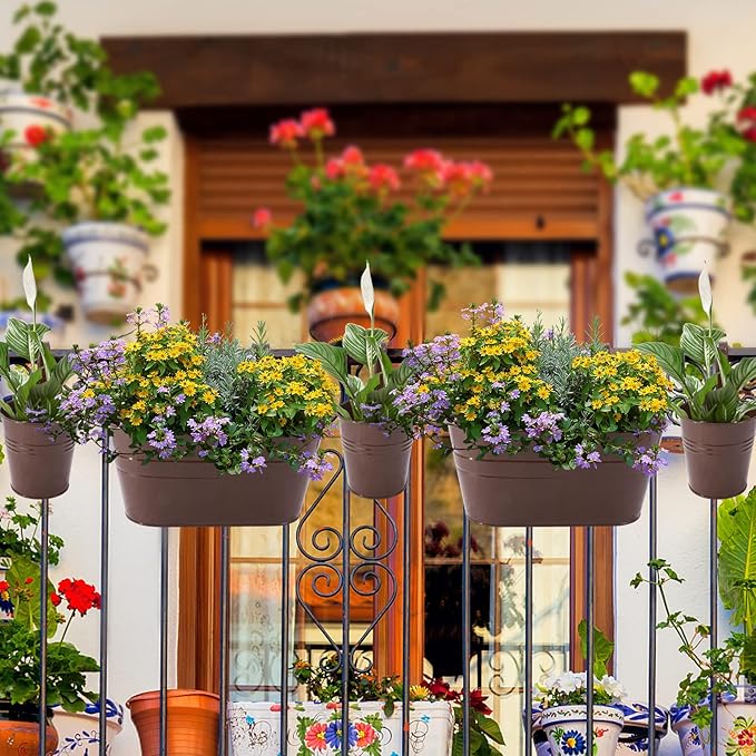 HowRU Metal Iron Flower Pots for Railing Fence Hanging Bucket Pots(5 Pcs) and Hanging Flower Pots Metal Iron Bucket Planter(10 Pcs) (Bronze) HowRU