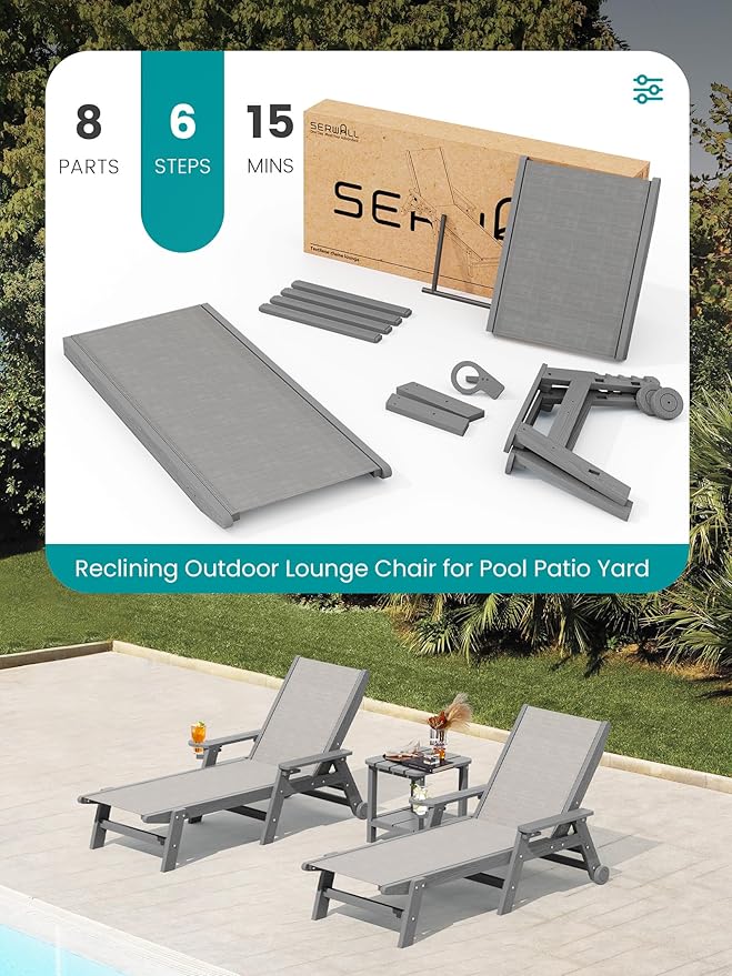 SERWALL Patio Chaise Lounge Chair, 5 Positions Outdoor Lounger for Pool, Textilene Lounge Chair with Rolling Wheels for Poolside, Deck, Grey SERWALL