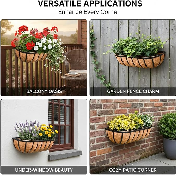 16“ Window Box Railing Planter with Coco Liner Metal Wall-Mounted Coconut Liner Planter Basket English Horse Trough Planters for Outdoor Deck Balcony Porch Fence Patio Black (2 Pack) KIDYBELL