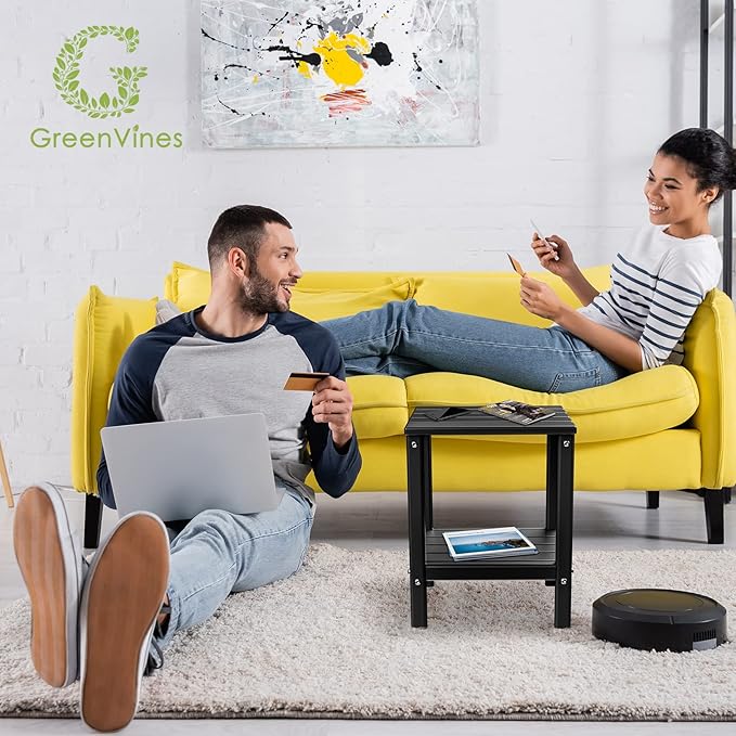GREENVINES Outdoor Rocking Chair Set | 3-Piece | 2 Rocking Chairs with 1 Side Table | Porch Rocker | HDPE Plastic | Black | Patio Furniture Sets | High Back | Big & Tall | Ladder Back GreenVines