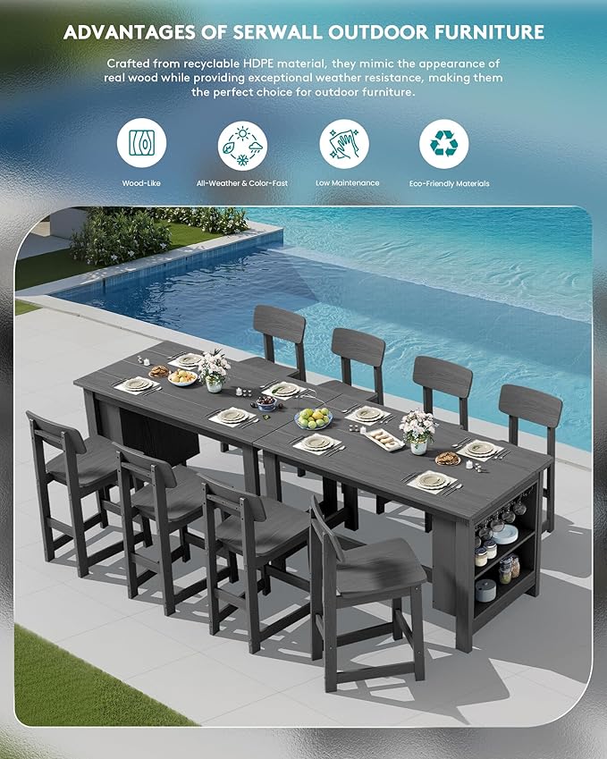 SERWALL 3-Piece Outdoor Counter Height Bar Set, HDPE Patio Bar Table with Wine Rack & Storage Shelf, 2 All-Weather Bar Stools, Patio Bar Dining Furniture Set for 3, Grey SERWALL