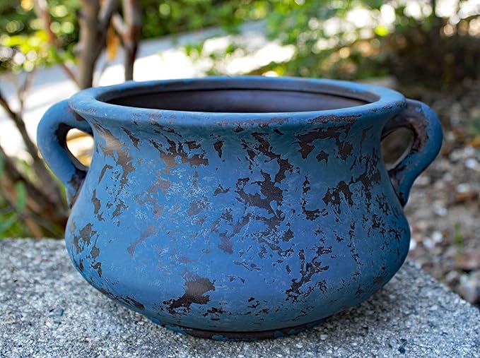 Egyptian Era Designed Earthen Ware Terra-Cotta Vessel/Planter with Looped Handles. Blue Goodman+and+Wife