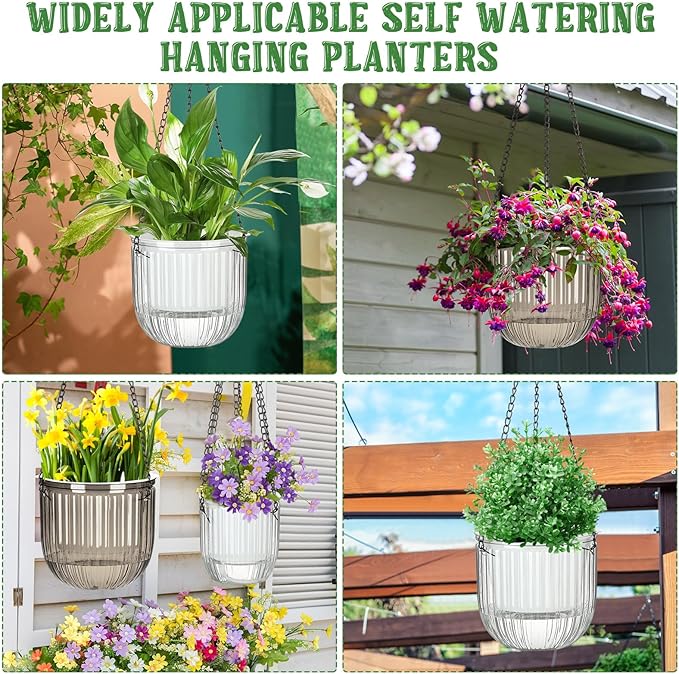 Maxcheck 4 Pcs Self Watering Hanging Planters Indoor Gift 6.5'' 4.5'' Hanging Flower Pots Baskets Outdoor Self Watering Plant with 3hooks Drainage Holes for Home(Grey,Clear) Maxcheck