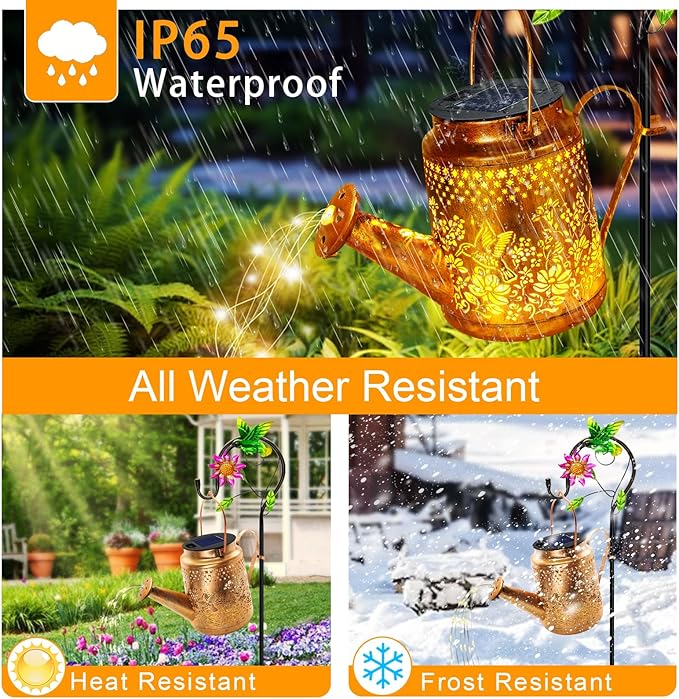 Solar Powered Hummingbird with Flowers Watering Can Lights Waterproof Outdoor Garden Decor with Shepherd Hook, Hanging Lights for Yard, Porch, Backyard Perfect Christmas Gift for Women, Mom, Grandma YJFWAL