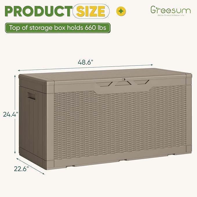 Greesum Outdoor Storage Box 100 Gallon Storage Bin with Lid for Patio Furniture, Garden Tools, Pool Supplies, Lockable, Waterproof and UV Resistant, Light Coffee BuynowfromGreesum