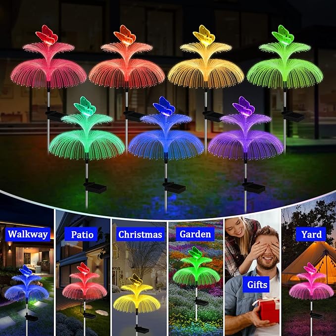 Solar Garden Lights Waterproof 3 Pack Solar Lights Outdoor Decorative 7 Color Changing Double Jellyfish and Butterfly Flower Garden Decor Yard Christmas Pool Outdoor, Gifts for Mother's Women Weepong