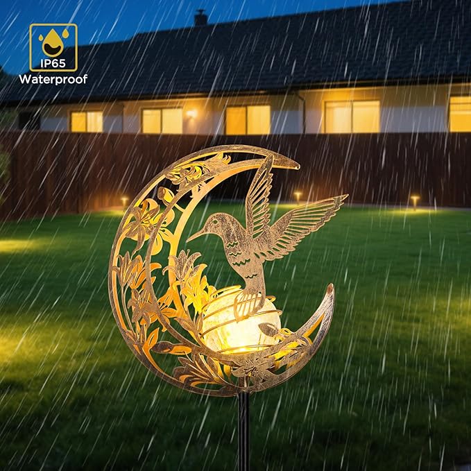 Solar Hummingbird Lights Outdoor Decor - Moon & Bird SolaGardenLights Waterproof, Auto On/Off Pathway Lighting for Yard/Lawn/Patio, Handcrafted Metal Solar-Stake-Lights for Outside Decorations ShangTianFeng