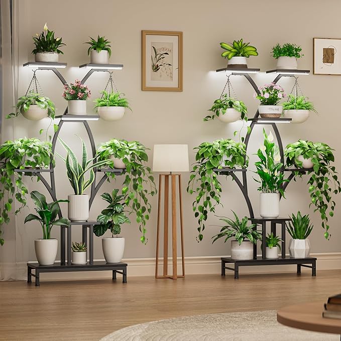 Plant Stand Indoor with Grow Lights - 7 Tiered Metal Corner Shelf for Multiple Plants, 63" Corner Plant Stand for Indoor Plants, X-Shaped Plant Rack for Home, Living Room, Office & Patio Decor Rootora