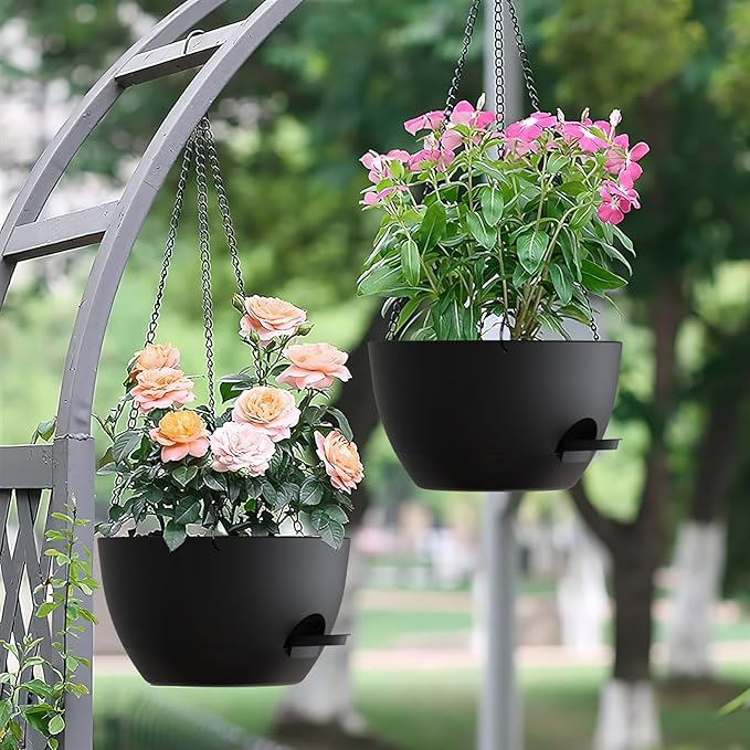 Set of 3-10 Inch Self Watering Hanging Planters for Indoor & Outdoor,Hanging Plant Pots with Drainage & Removable Tray, Hanging Pots Holder for Ivy, Spider Plants, Ferns, Balcony & Patio, Black UOUZ