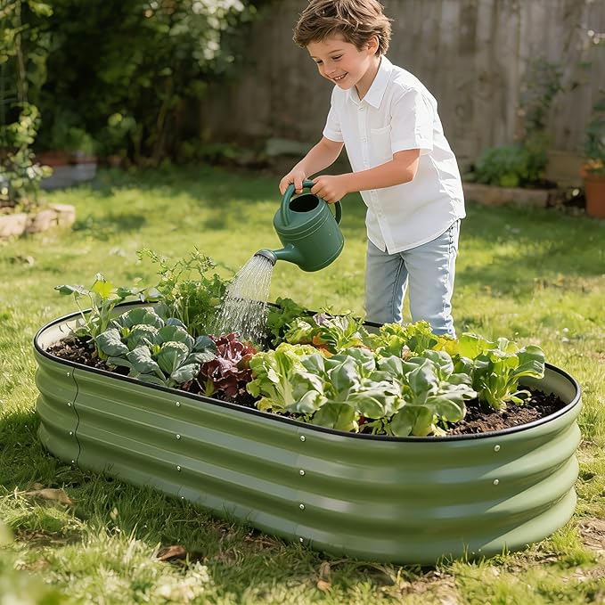 Galvanized Raised Garden Bed Outdoor, 4x2x1ft Oval Metal Raised Beds for Gardening, Rust-Resistant Garden Planter Box with Tools for Planting Vegetables, Flowers, Fruits in Lawn (Olive Green) HEALSTOK