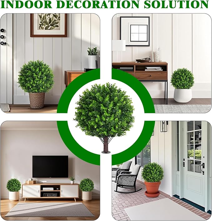Artificial Topiary Tree with Eucalyptus, Set of 2 Artificial Shrub Bushes with Ground Spike, Fake Evergreen Tree for Porch, Artificial Plants for Outdoor Planters Indoor UV Resistant FEELTHENEWWORLD