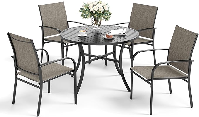 5 Piece Patio Dining Set for 4, 42" x 42" Round Metal Table with Umbrella Hole and 4 Brown Chairs, Outdoor Table and Chairs Set for Lawn Backyard and Deck SUNSHINEVALLEY