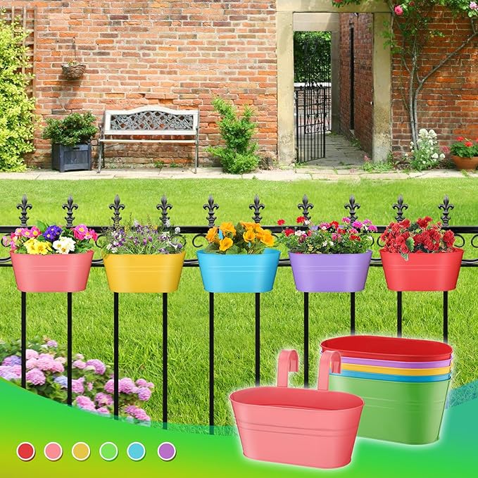 MADHOLLY Railing Planter with Drainage Holes - 6Pcs Sturdy Bucket Pots for Railing Fence, Countryside Style Metal Flower Pots for Herbs Balcony Garden Yard Decor, Colorful MADHOLLY