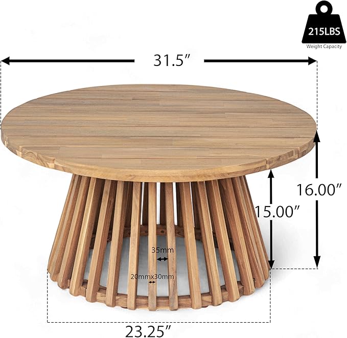 Merax Patio Outdoor Acacia Wood Round Coffee Table for Backyard, Lawn, Balcony Light Teak Merax