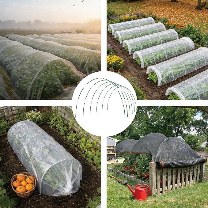 60PCS Garden Hoops for Raised Beds, 8FT Rust-Free Fiberglass Greenhouse Hoops, DIY Frame Stake to Create Grow Tunnels, Plant Support Row Covers & Garden Netting, 40Pcs Clips Rootora