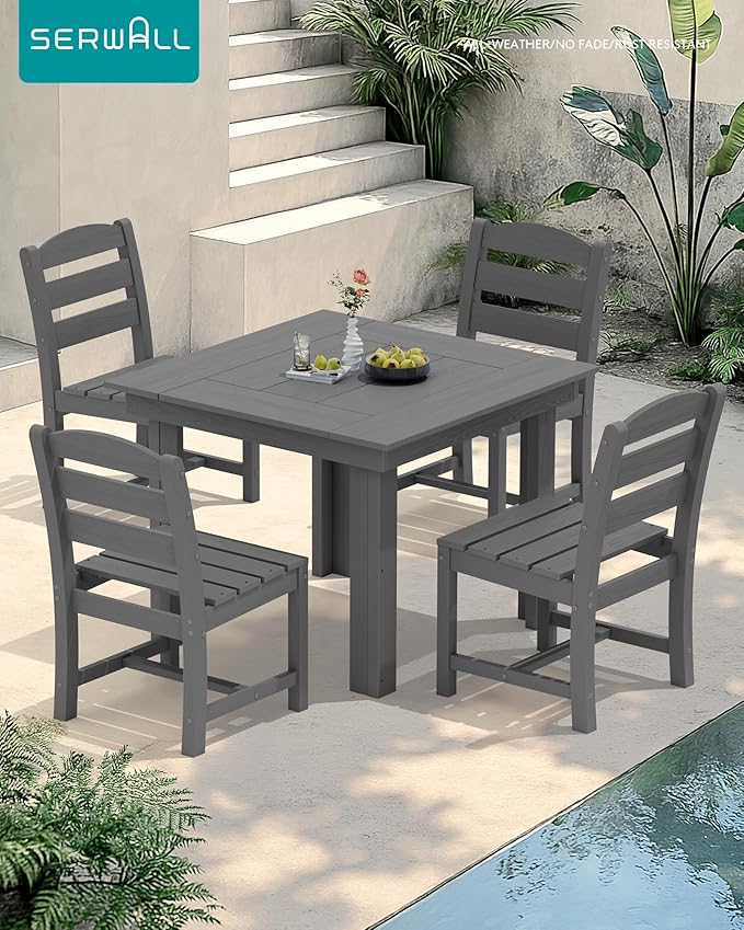 SERWALL Outdoor Dining Set for 4, HDPE Square Table and Chairs Set All Weather Patio Dining Set with 4 Armless Chairs for Patio, Gray SERWALL