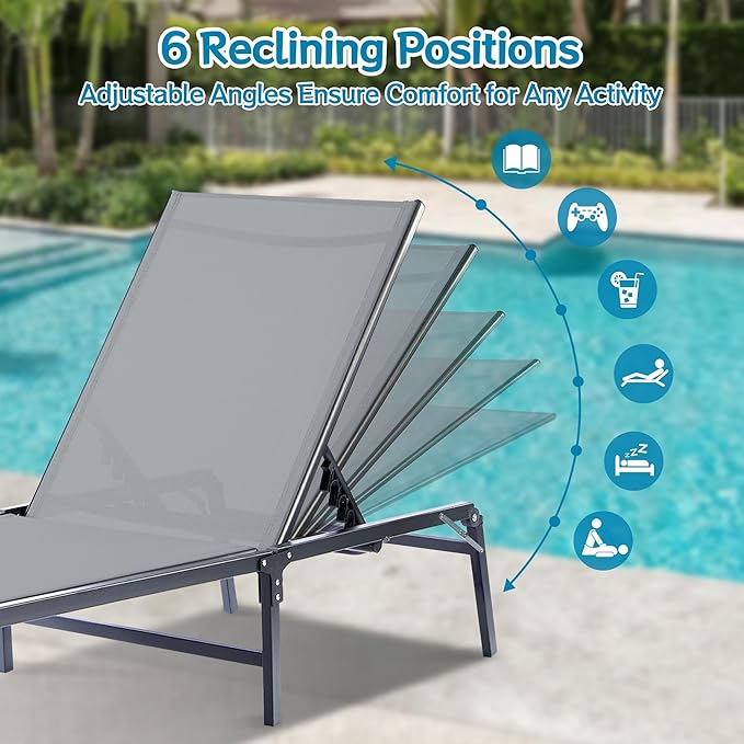 Outdoor Chaise Lounge Chair Set of 2, Foldable & Assemble-Free, 6 Adjustable Positions, Durable Rust-Resistant Frame, Portable Outdoor Pool Lounge Chairs for Pool Patio Beach, Grey HOMELYM
