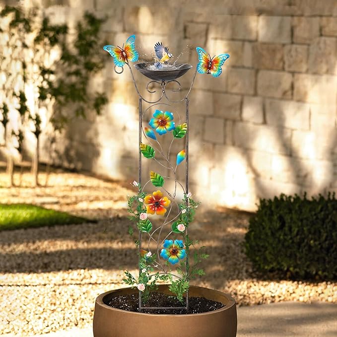 SUNNYPARK Bird Bath with Trellis Outdoor, Antique Garden Iron Plant Trellis with Decorative Floral-Butterflies Detachable Bird Bath Bowl Metal Potted Plants Support for Climbing Flowers SUNNYPARK