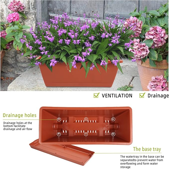8pcs Window Box Planter,17 Inches Flower Window Boxes, Rectangle Planters Box with Drainage Holes and Trays, Plastic Vegetable Planters for Windowsill Patio Garden Home Decor Porch Yard (Red) Hananojia