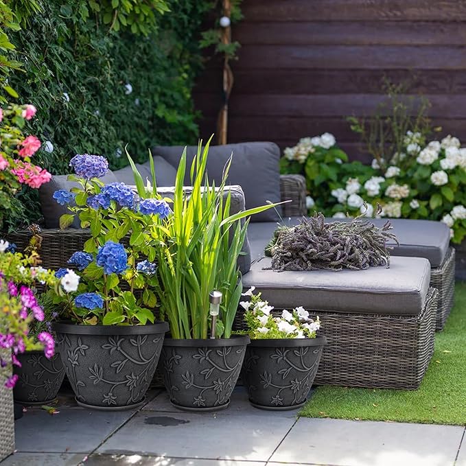 4 Pack 16 Inch Large Plant Pot for Outdoor, Plastic Flower Pot Indoor with Drainage Hole & Saucer, Modern Decorative Garden Pot, Imitation Magnolia Garden Pots for House Planters(Gray) Nooulap