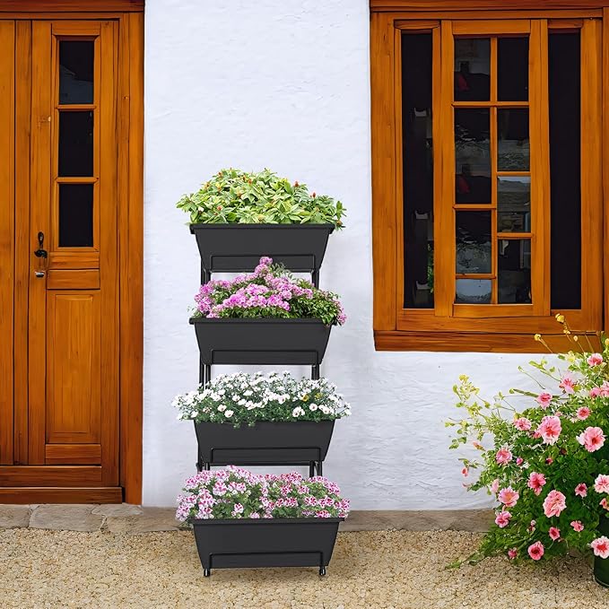 OYEAL Raised Garden Bed 4 Tier Vertical Garden Planters Indoor Outdoor Raised Planter Box with Legs Elevated Herb Garden Planter for Flowers Vegetables Plants, Black OYEAL