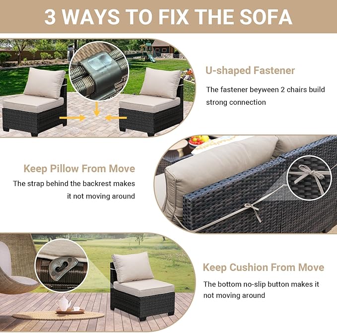 Jing's Villa 2 Piece Patio Wicker Armless Sofa, All-Weather Outdoor Sectional Sofa Set with Thick Seat Cushions and 2 Back Cushions for Garden Patio, Backyard, Poolside Beige JingsVillaOutdoorFurniture