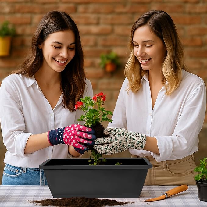 Window Box Planter, 12 Pack Plastic Vegetable Flower Planters Boxes 17 Inches Rectangular Flower Pots with Saucers for Indoor Outdoor Garden, Patio, Home Decor (Brick RED) (Dark Grey) LOCONHA