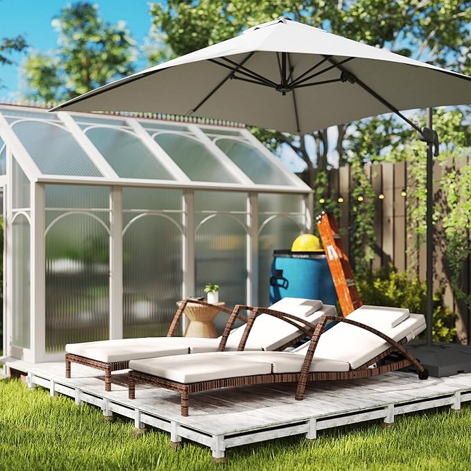 Outsunny Wicker Chaise Lounge Chair Outdoor Set of 2, 5-Position Adjustable Reclining Pool Lounge Chairs with Wheels, Rattan Outdoor Lounger with Cushion, Armrests for Poolside Beach Backyard, Beige Outsunny