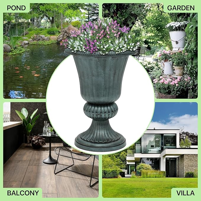 Magshion 20" Urn Planters for Outdoor Plants, Large Decorative Front Porch Planters Set of 2, Weatherproof Tall Plastic Flower Pots for Garden, Patio & Entryway Décor, Antique Green Magshion
