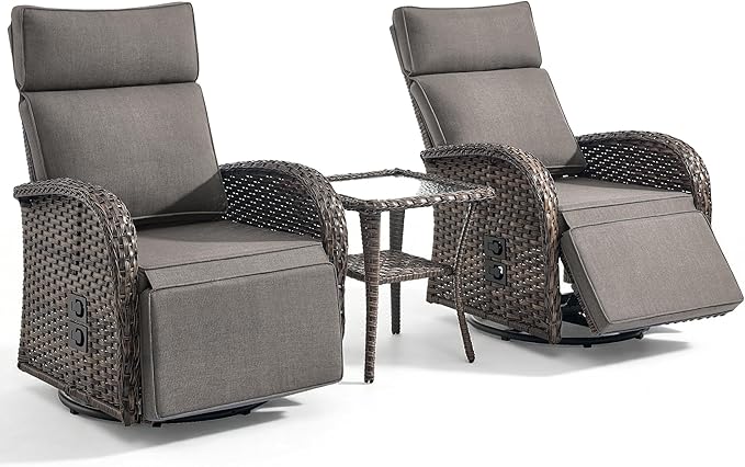 3 Pieces Zero Gravity Patio Swivel Rocking Recliner Chairs Set of 2 - Wicker Outdoor Lounge Chair with Side Table, Adjustable Backrest & Footrest, High Back Outdoor Recliner Chair for Pool Deck Gray JelwalyPatioFurnitureSet