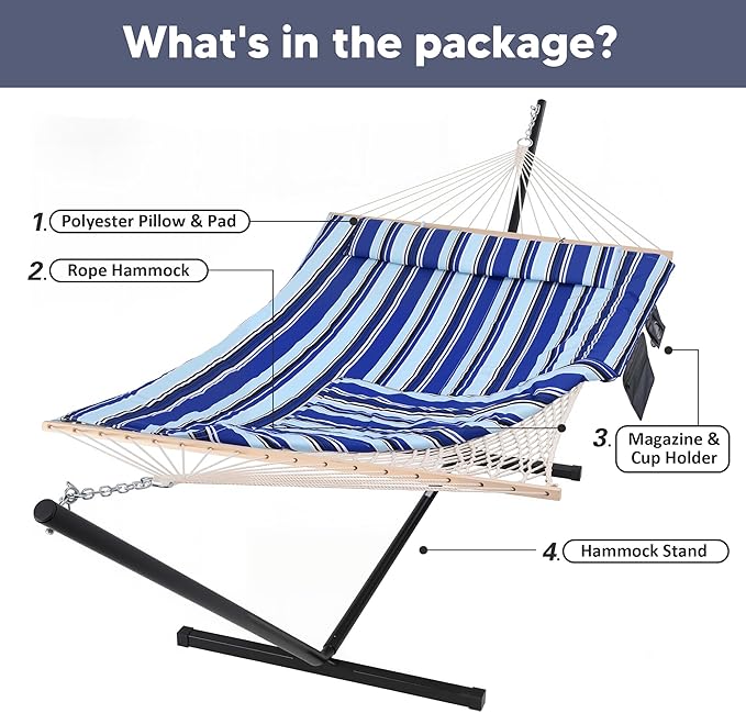 SUNCREAT Double Hammock with Stand, Two Person Cotton Rope Hammock, Blue Stripe SUNCREAT