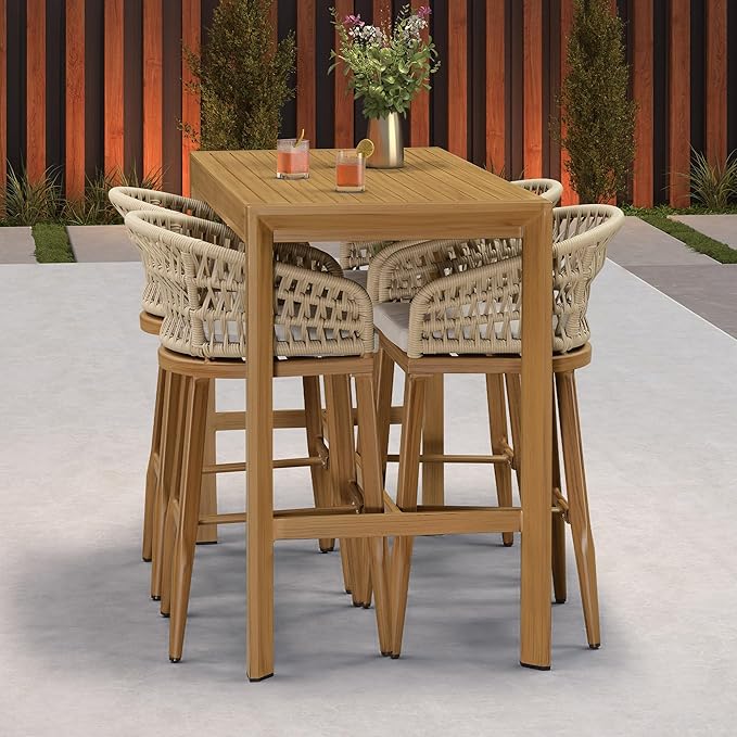 PURPLE LEAF Outdoor Rattan 29" Bar Stools Set of 2, Modern Boho Aluminum Patio Bar Height Chair with Cushion and Back for Outdoor and Indoor, Teak PURPLELEAF