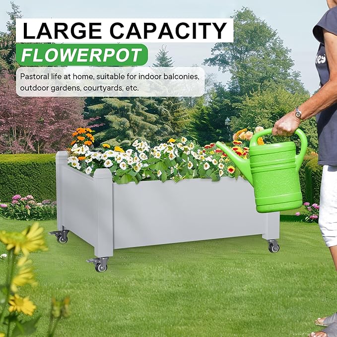Raised Garden Bed with Wheels, 14 Gallon Self-Watering Raised Planter Box with Drainage Plug & Gauge for Vegetables Flowers Herbs Succulents, Rustproof Resin for Backyard Patio Porch (Ashen) OutdoorLivingPerfected