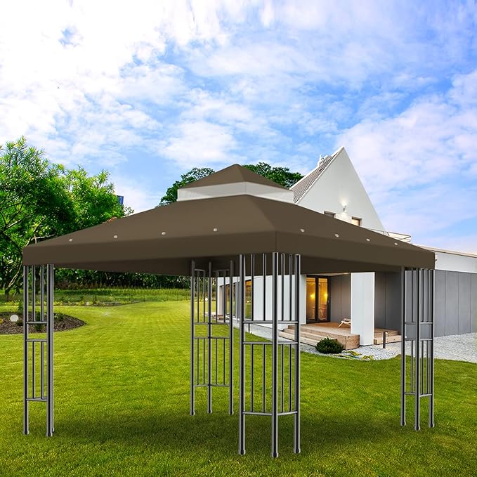 Sumfaller 10x10 FT Gazebo Replacement Canopy Top Cover Double Tiered Canopy Top Cover for Outdoor BBQ Roof Cover Grill Shelter (Dark Brown) Rootora