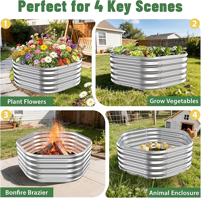 Hexagon Raised Garden Bed, 48 Inch Diagonal & 16.5 Inch Tall, Galvanized Steel Planter Box with Wave-Shaped Metal Panels for Outdoor Flower,Tree,Herb & Vegetable Garden (Silver, 4FT X 1.5FT) Rootora