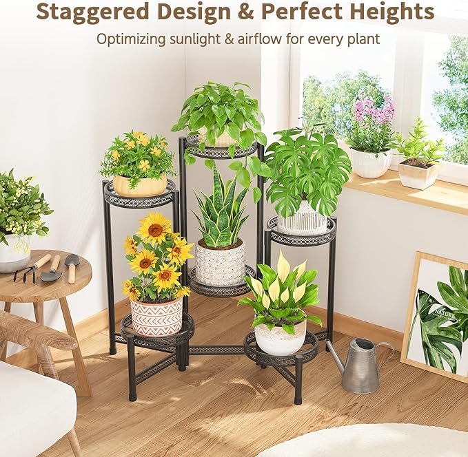LASZOLA 6 Tiered Folding Tall Plant Stand Indoor Outdoor for Large Planter, Heavy Duty Metal Adjustable Multiple Flower Rack for Corner, Wrought Iron High Spiral Holder for Modern House Patio, Black LASZOLA