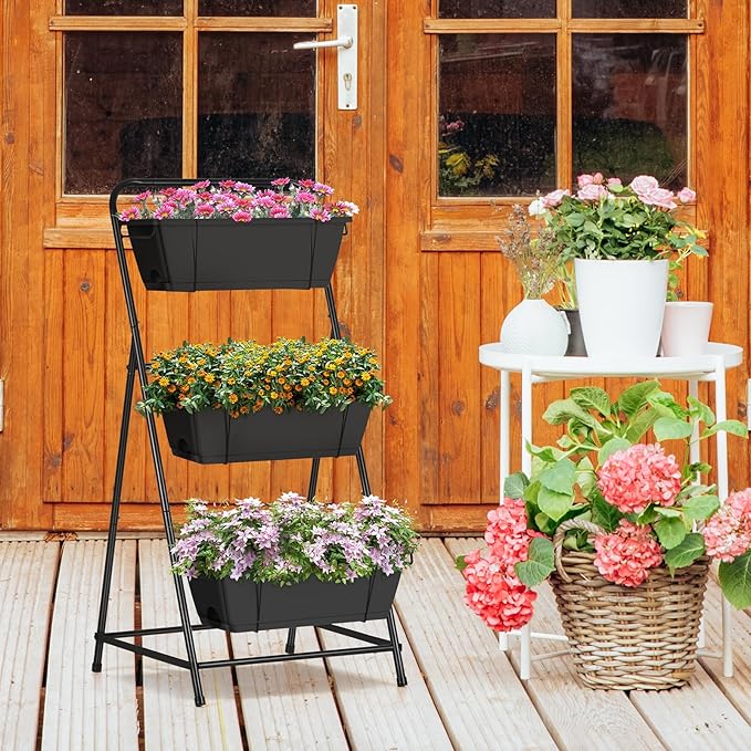 Raised Garden Bed 3 Tier Vertical Garden Planter Elevated Planter Boxes Outdoor Herb Planter with Drainage Holes Removable Tray for Patio Balcony Porch Black BTY