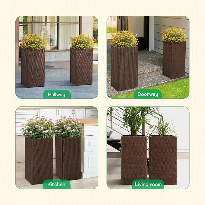 IDZO All-Weather Wicker Planters, Set of 2, 24 in Tall Wicker Planters, Self-Watering with Drainage, Durable PP Material, Raised Garden Bed Alternative, Indoor Outdoor Use, Modern Rattan Design Idzo